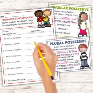 image of possessive nouns worksheet and anchor charts with hand holding pencil