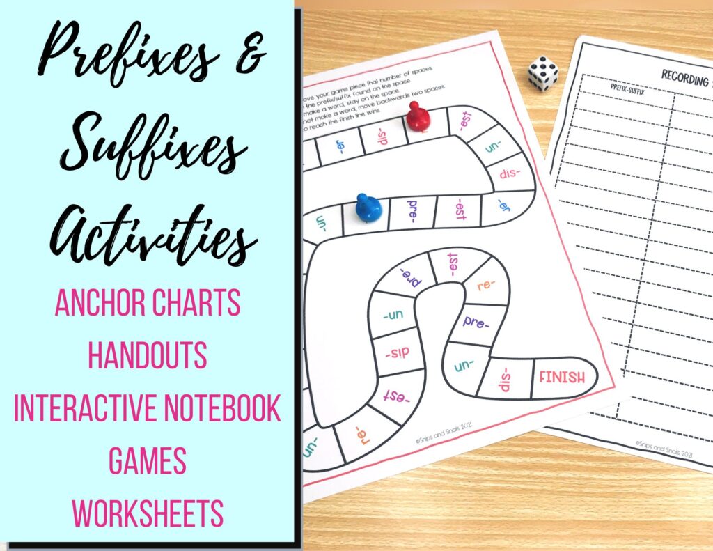 image of prefix and suffix activity freebie. a gameboard and die are on the table.