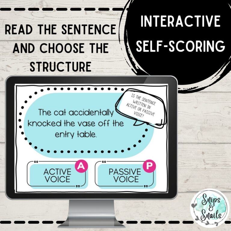 image of computer screen showing active and passive voice task card