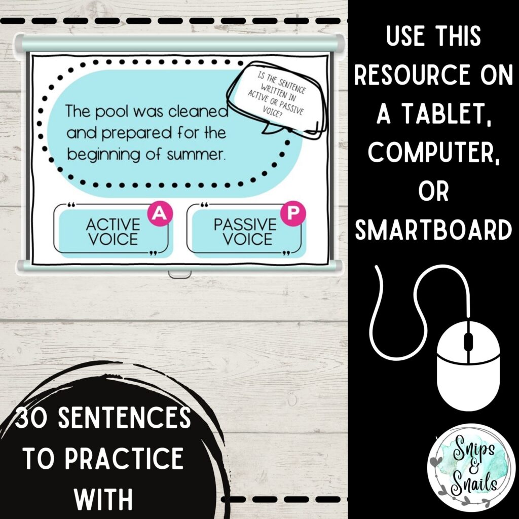 image of projection screen showing an active and passive voice task card