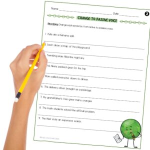 image of active and passive voice worksheet including a hand holding a pencil