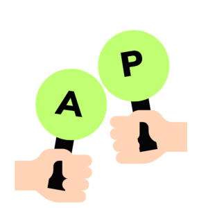 image of hand paddles showing a and p on the paddle for active and passive voice practice