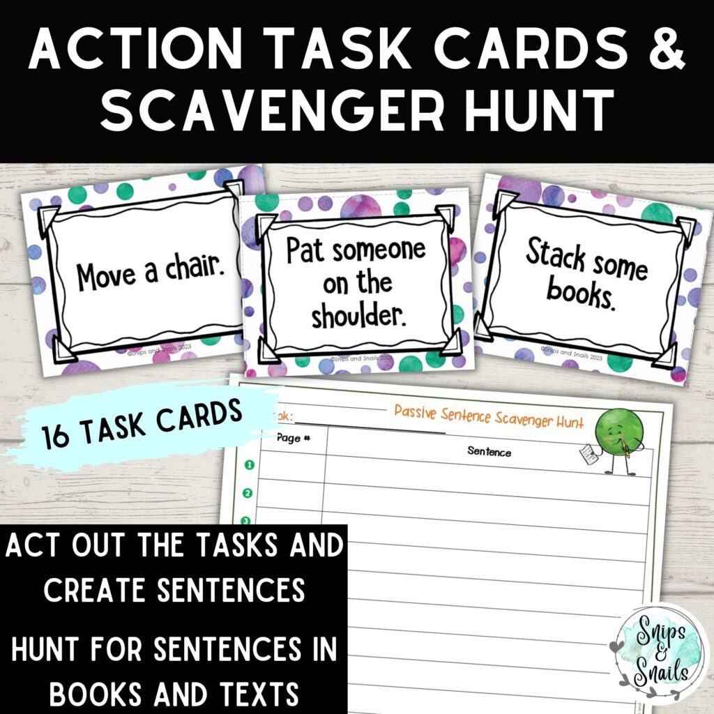 image of active and passive voice task cards and scavenger hunt worksheet