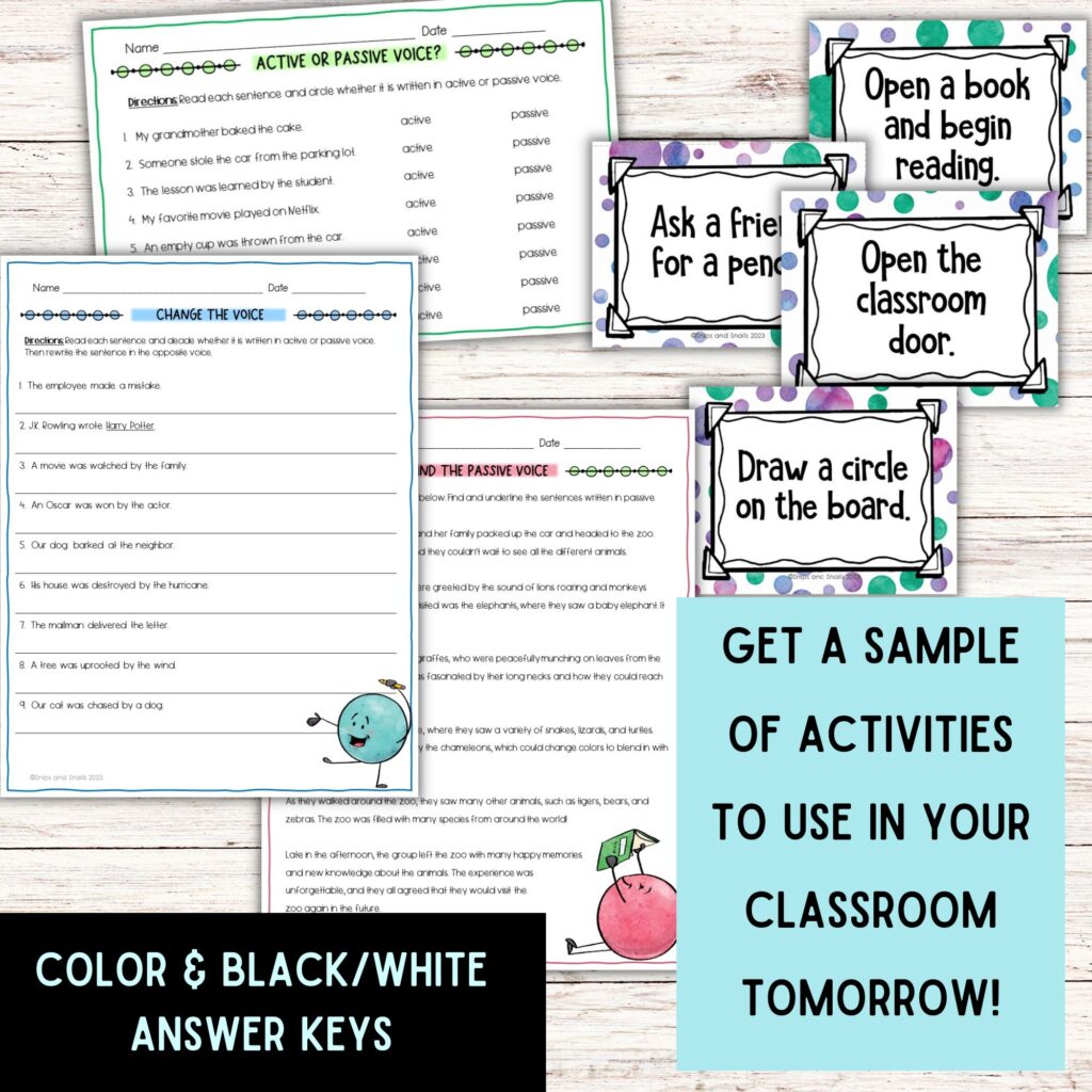 image of active and passive voice worksheets that are part of the freebie