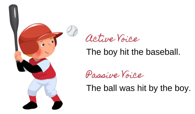image of boy hitting baseball with active and passive voice sentence examples
