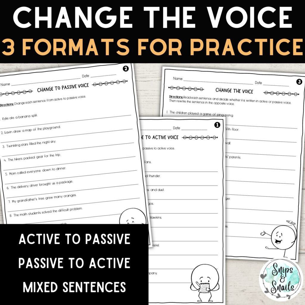 image of active and passive voice worksheets for changing the voice of sentences