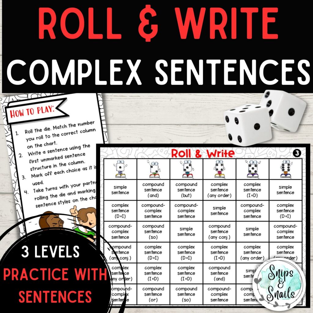 image of a roll and write complex sentence game with instruction sheet and dice