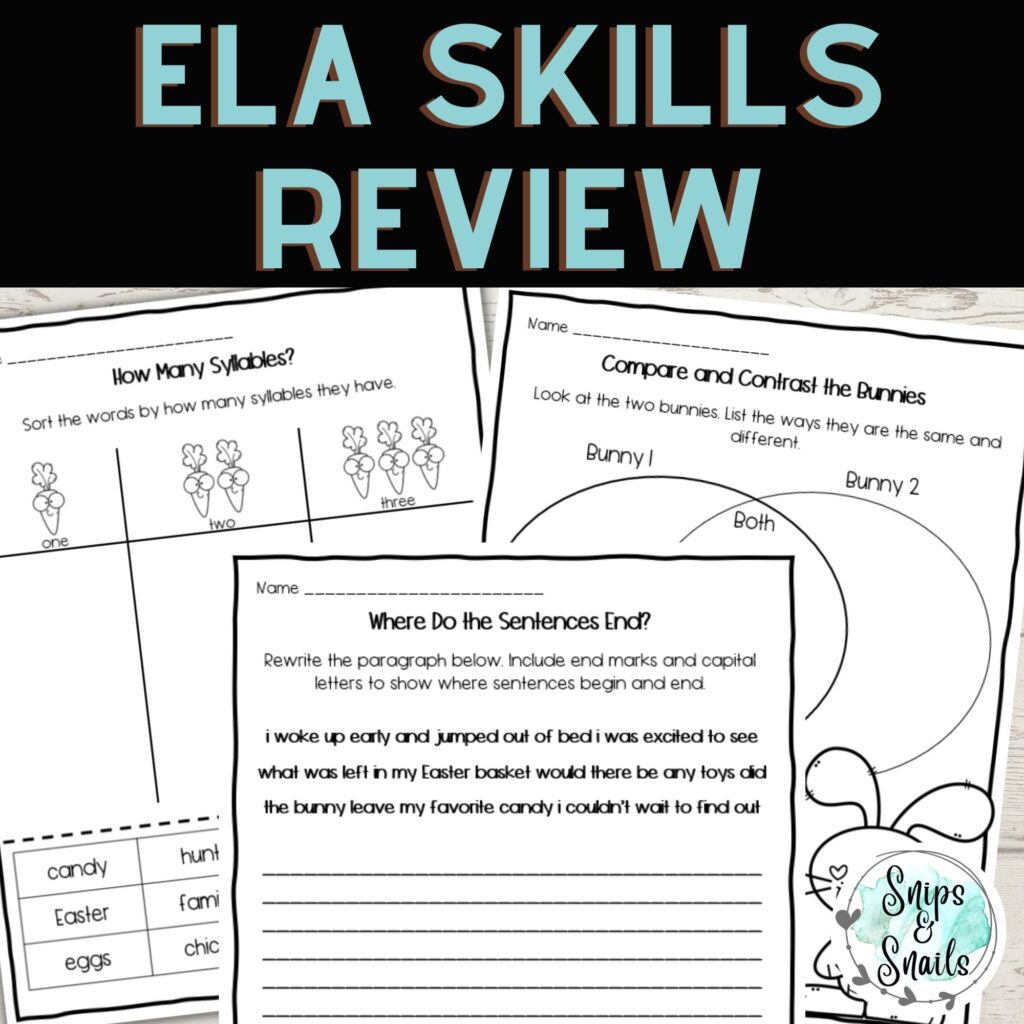 easter worksheets for compare and contrast, sentence punctuation, and syllable counting