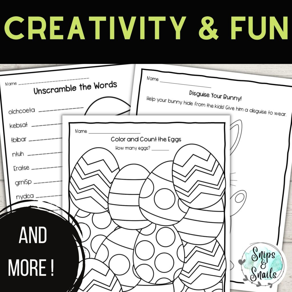 easter worksheets for disguise the bunny, word scramble, and color and count the eggs