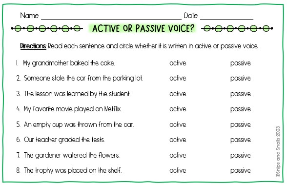 image of worksheet showing practice with identifying active and passive voice sentences