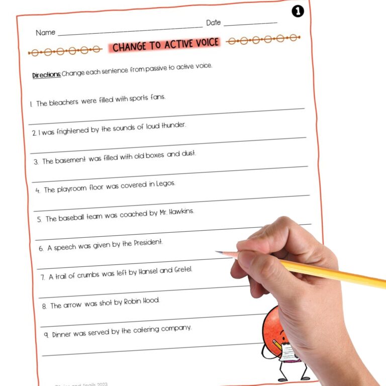 image of passive to active voice worksheet with hand holding pencil