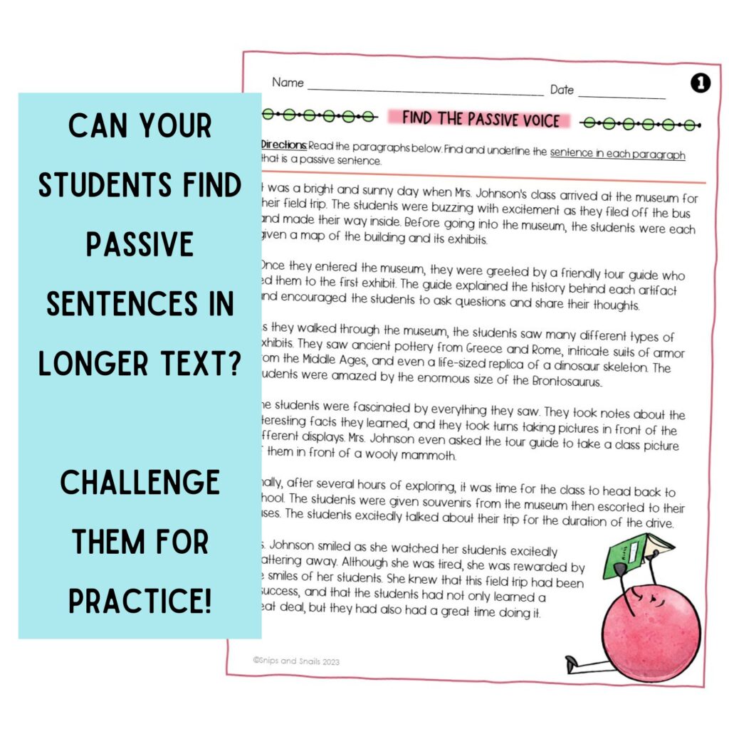 image of story worksheet with sidebar asking if your students can find passive voice sentences in writing