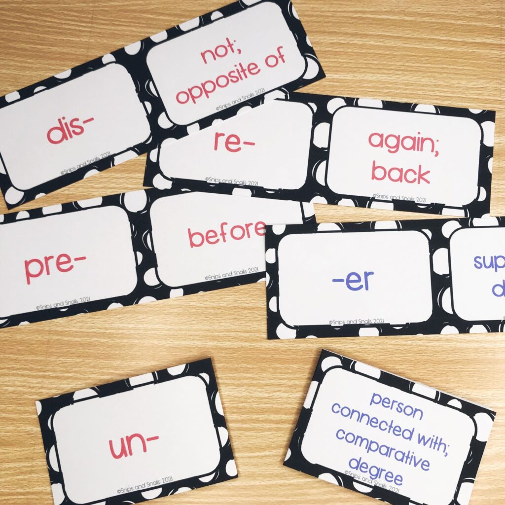 flashcards showing prefixes and suffixes along with their meanings
