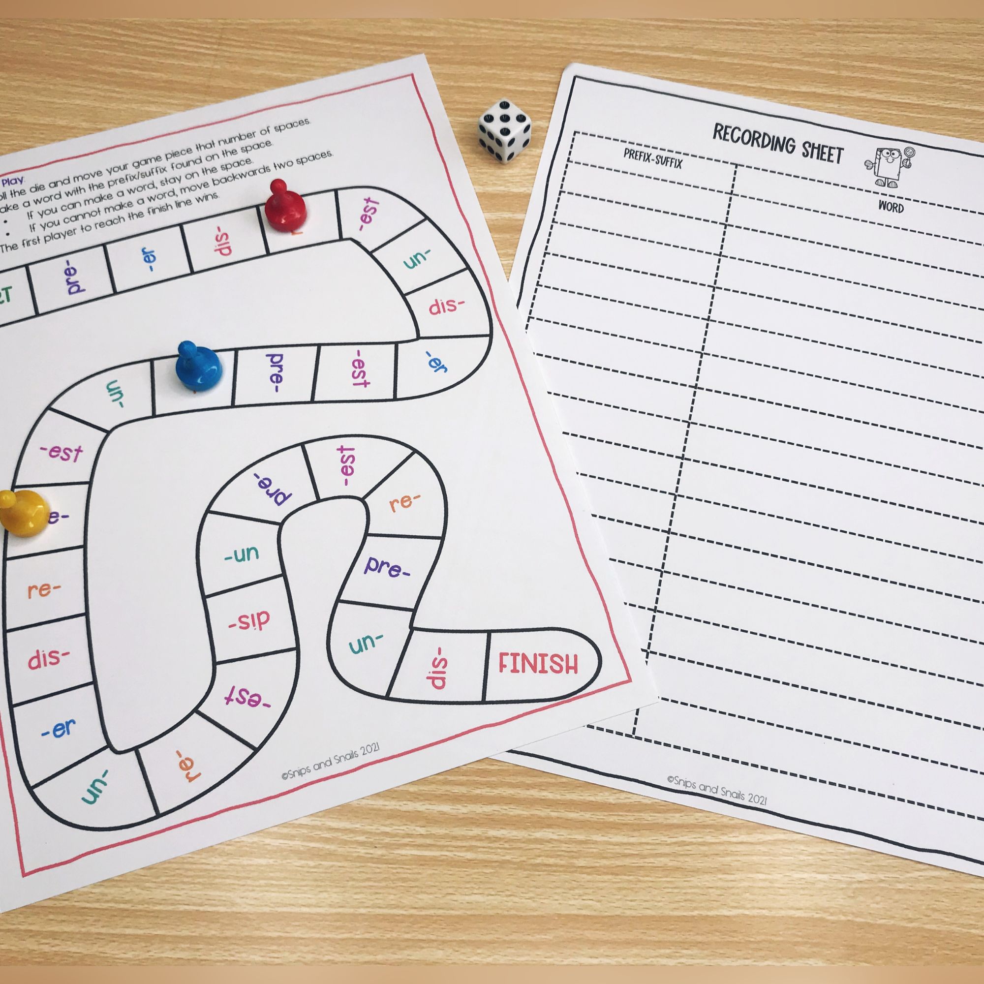 prefix and suffix activity game board and recording sheet
