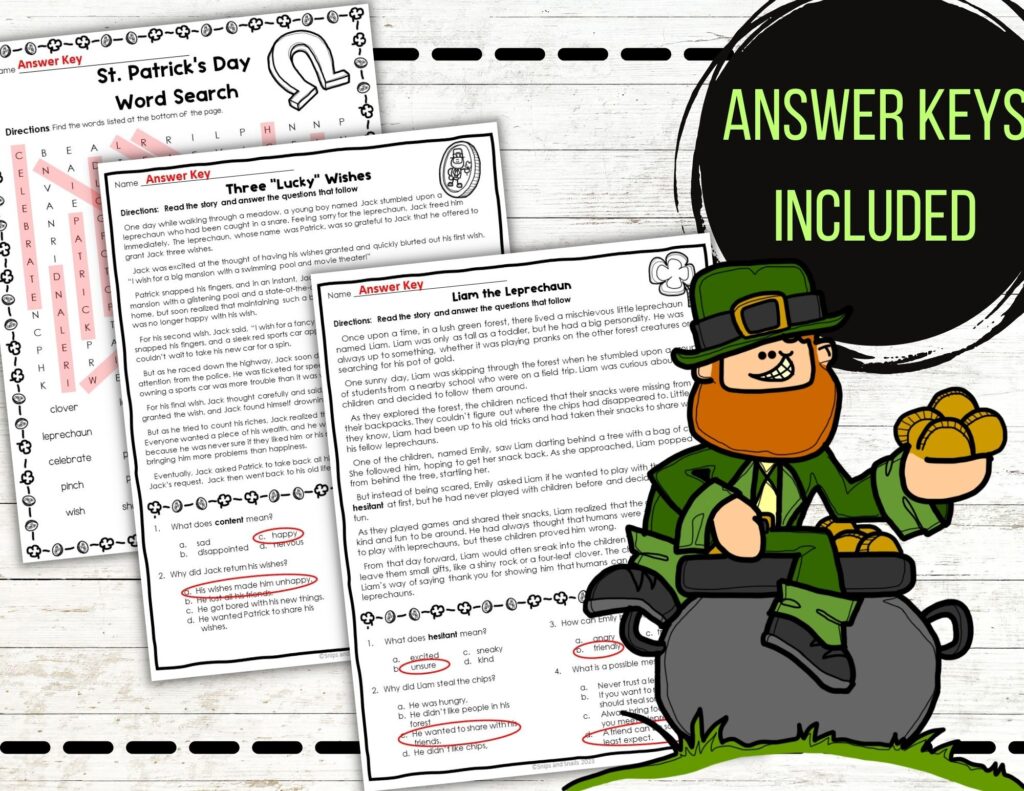 St. Patrick's Day worksheet answer keys