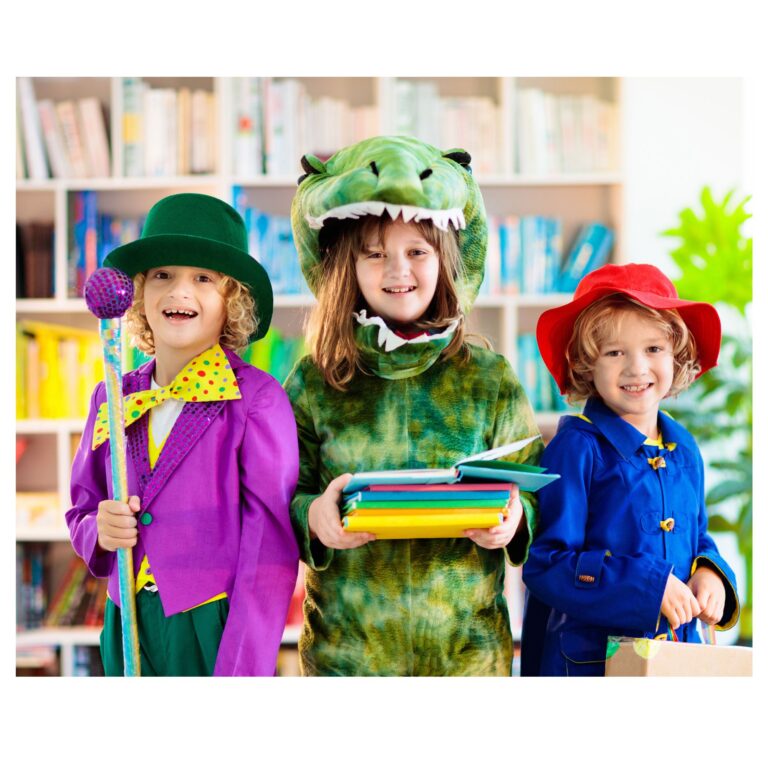 image of three children in costumes of book characters for character study