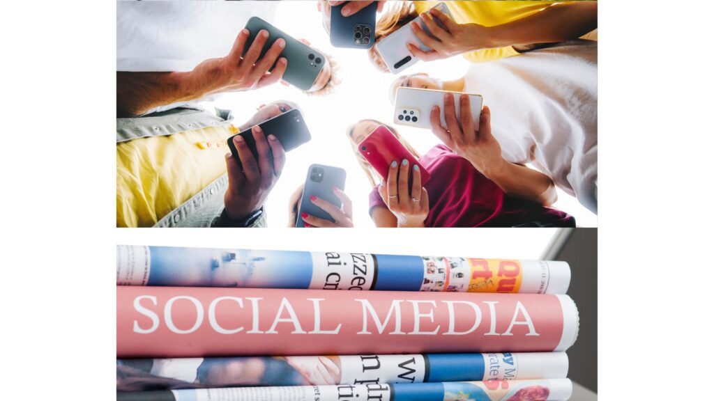 Teens holding cell phones with the phrase "social media" tucked between a stack of newspapers implying teens get most of their news from social media.