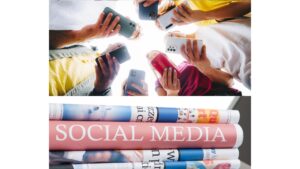 Teens holding cell phones with the phrase "social media" tucked between a stack of newspapers implying teens get most of their news from social media.