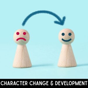 image of two wooden pieces, one with a frown and one with a smile. below them are the words character change and development